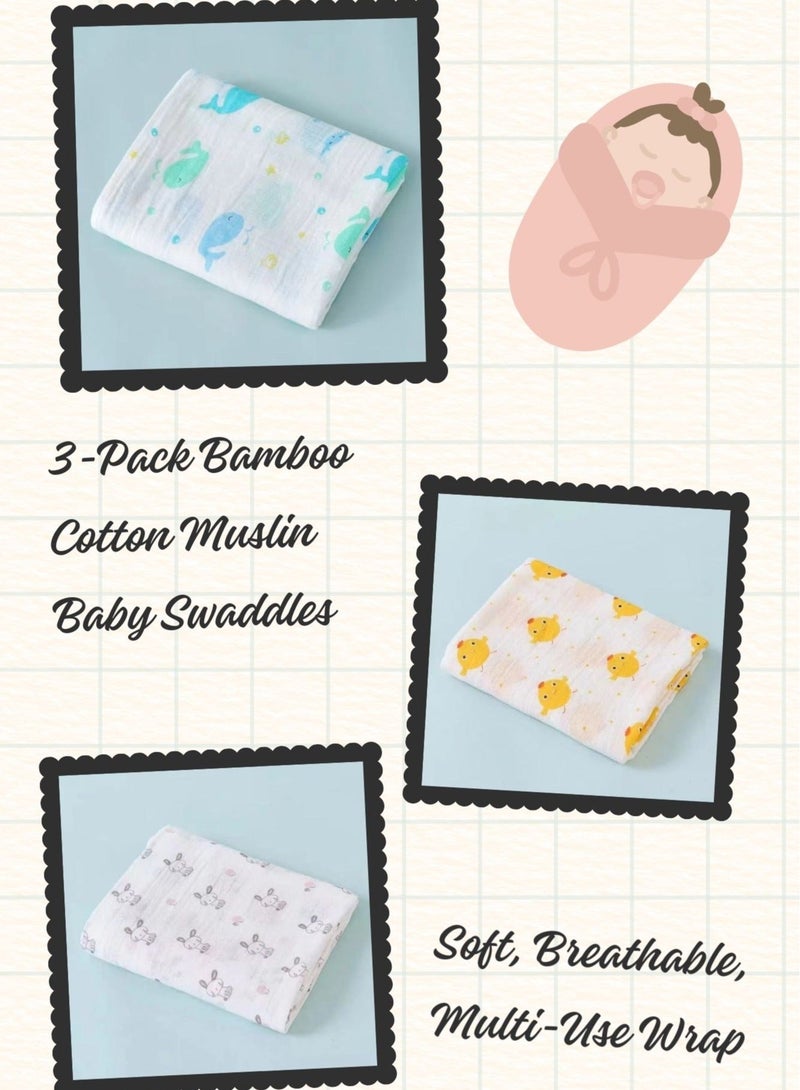 Anami 3-Pack Bamboo Cotton Muslin Baby Swaddles – Soft, Breathable, Multi-Use Wraps for Newborns (110x110cm) - Image 1